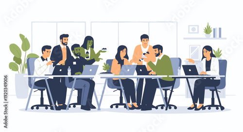 A diverse group of business professionals collaborating in a modern office setting.