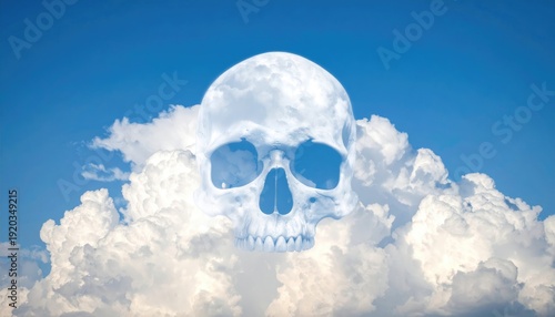 Surreal skull shaped cloud formation against a vibrant blue sky.