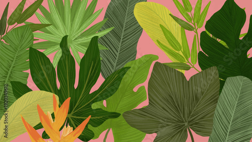 Lush tropical leaves pattern in vibrant green and yellow hues on a pink background, ideal for summer designs