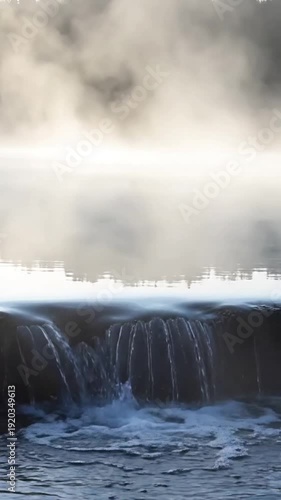 Seamless Haze Loop A static or very subtle pan shot designed for perfect looping, capturing the constant movement of the cascade and the gentle undulation of the mist over the lake, creating an