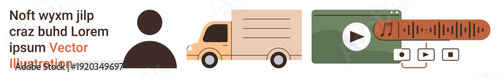 Logistics, multimedia, customer service, delivery services, transportation, content creation. Delivery truck, user icon play button in green panel audio waveform. Logistics and multimedia concepts