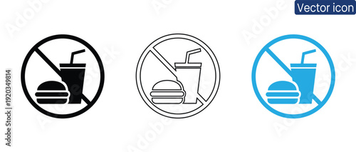 Vector icons illustrating no food or drink allowed in three modern styles for use in restaurants, cafes, or areas with eating and drinking restrictions