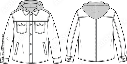 Men hooded denim jacket technical drawing vector illustration, front back view fashion flat, casual outerwear apparel design template