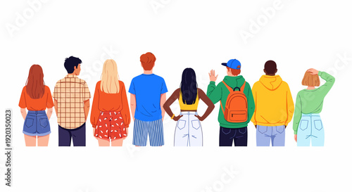 Diverse group of young people standing with their backs to the viewer, wearing casual clothes.