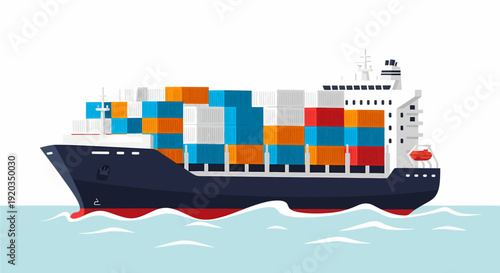 A large container ship loaded with colorful cargo containers sailing on the blue ocean waves, depicted in a flat illustration style.