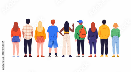 Diverse group of people standing with their backs to the viewer, showcasing various casual outfits and different body types.
