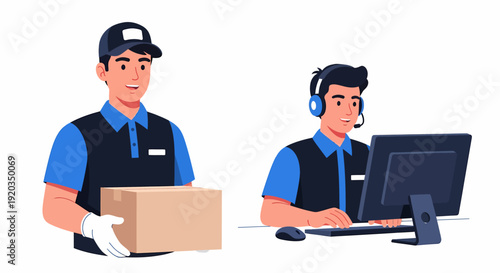 A delivery man holding a package and a customer service agent working on a computer.