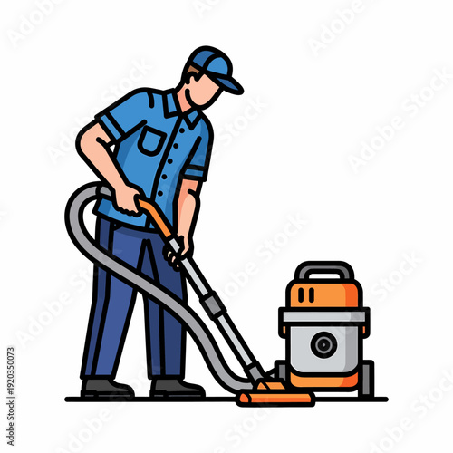 A cartoon illustration of a man in a blue uniform vacuuming with an orange and grey vacuum cleaner.