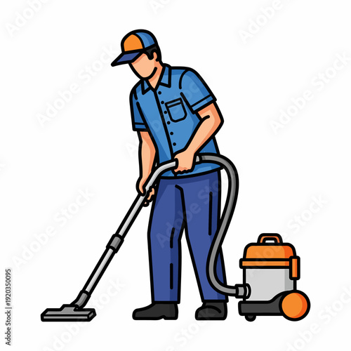 A person in a blue uniform using a vacuum cleaner to clean a floor, depicting a cleaning service or household chore.