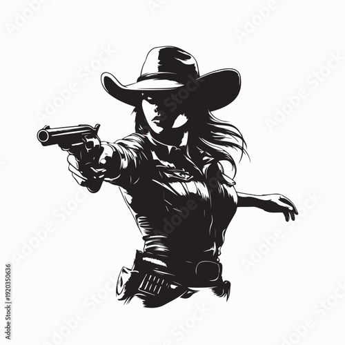 Female Cowgirl Aiming Revolver Vector Illustration Design Concept