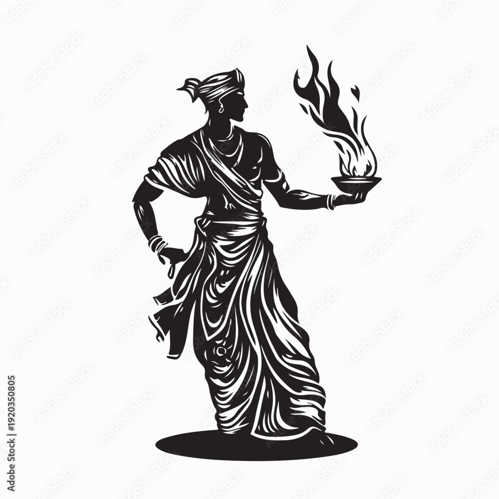 Fototapeta premium Mystic Figure with Robe Holding Fire Chalice Vector Logo on White Background