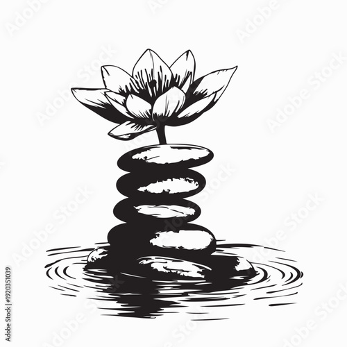 Tableau sur toile Lily Flower Growing on Stone Vector Silhouette Lake Illustration