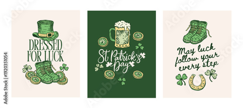 Patrick Poster Card TShirt Prints Apparel Costume Vector Collection Vintage Handdrawn Hat Boots Coins