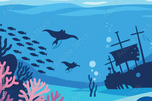 Sunken shipwreck with manta rays, fish, coral, and sea plants in deep blue ocean, vibrant underwater illustration symbolizing marine biodiversity and mystery.