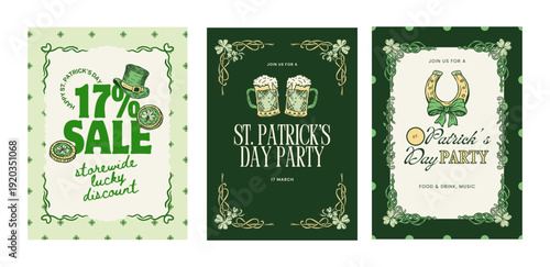 Patrick Sale Poster Flyer Banner Vector Collection Vintage Handdrawn Lucky Discount Promotion With Hat Coins Shamrock