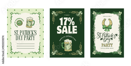 Patrick Sale Poster Flyer Banner Vector Collection Vintage Handdrawn Lucky Discount Promotion With Hat Coins Shamrock