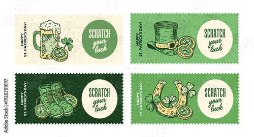 Patrick Scratch Ticket Card Tag Label Vector Collection Vintage Handdrawn Beer Mug Coins Shamrock Lucky Promotion
