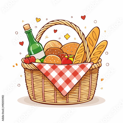 Picnic basket with wine bread and fruits.
