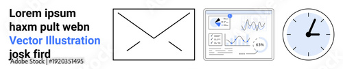 Business workflows, digital marketing, time planning, data visualization, email systems, productivity tools. Envelope icon, analytics dashboard clock illustration. Email systems and data
