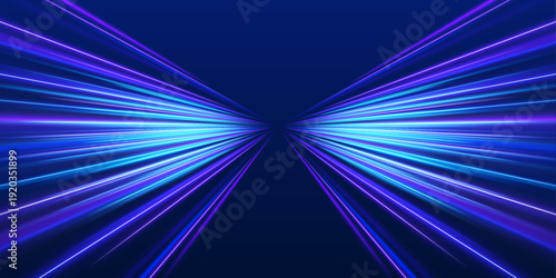Bright neon arcs extend forward like futuristic highways at night. Smooth color transitions shift from electric blue to magenta. The artwork conveys acceleration, motion, and modern energy.