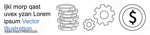 Finance, business processes, economic growth, monetary planning, e-commerce, and industrial systems. Stack of coins, gears and dollar symbol. Finance and business processes visually