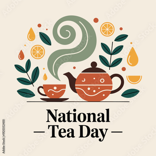 National Tea Day orange teapot and cup with green steam and leaves, tea cup brown teapot