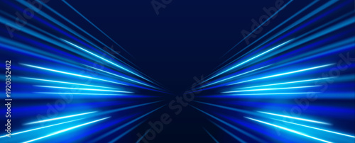 Radiant neon streams surge forward in layered abstract curves. Electric blue and pink gradients pulse with vibrant intensity. The illustration conveys dynamic motion and futuristic energy.