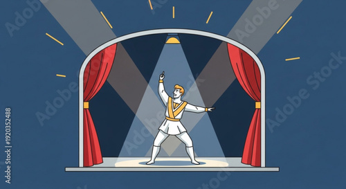 Man in white and gold costume performing on stage with red curtains and spotlight