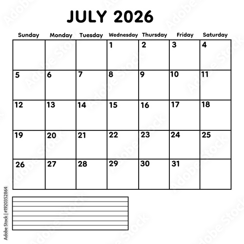 Structured July 2026 monthly calendar featuring minimalist black line grid and simple professional layout and lined notes section On Transparent background 