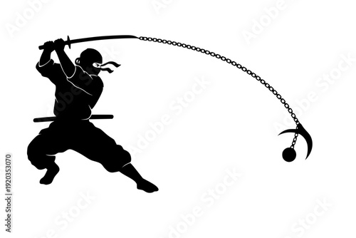 Ninja with Kusarigama Chain Sickle Silhouette Vector for Rare Japanese Weaponry and Martial Arts Action