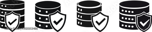 Cyber Security Protection. Four black and white icons of database servers with shield symbols, indicating data protection and security.