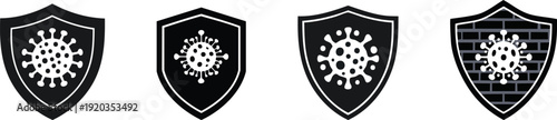 Cyber Security Protection. Four shield icons each featuring a virus symbol, representing different levels or stages of protection or defense against viruses.