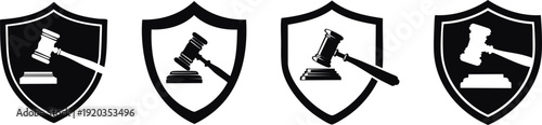 Legal and Compliance Protection. Four black-and-white shield logos featuring gavels, symbolizing law, justice, and legal authority.