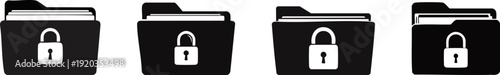 Personal Data and Privacy Protection. Four black folder icons with white padlocks, symbolizing secured or locked digital files.