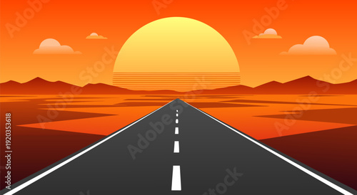 Vector Illustration of a Serene Desert Road Stretching into Distant Mountains under a Vibrant Orange Sky