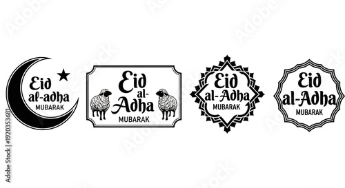 Eid al-Adha Mubarak illustration set featuring crescent moon and goats in various ornate frames