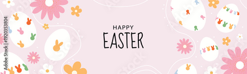 Happy Easter banner withl decorated eggs, floral elements. Cute Easter greeting card.