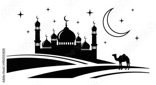 Serene mosque silhouette with camel under crescent moon and stars at dusk