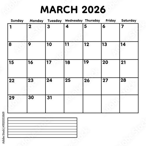 Modern March 2026 calendar template featuring a clean black outline grid and minimalist layout isolated on transparent background. Includes Sunday start format and lined notes section. 