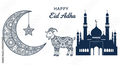 Eid Adha illustration featuring a decorated goat and mosque with a crescent moon and star hanging, symbolizing the festive occasion