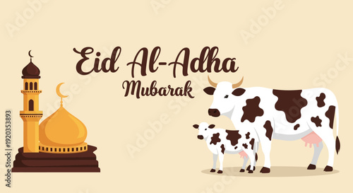 Celebrating Eid al-Adha with a cow and calf near a mosque, viewed from the front in a digital illustration