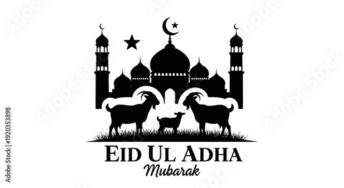 Eid Ul Adha celebration illustration featuring mosque, sheep, and lamb