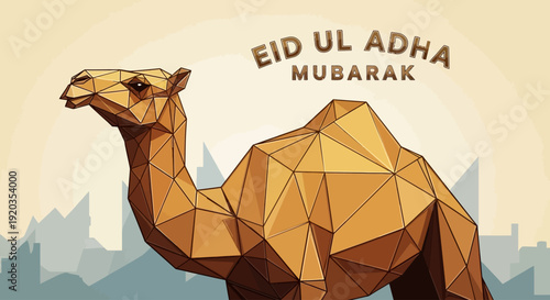 Geometric camel illustration for Eid ul Adha celebration with cityscape background