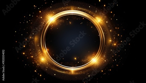 product presentation golden glitter circle glowing ring sparkle frame golden spark black background gold light effect round border design
