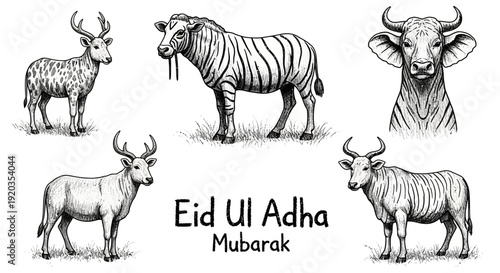 Collection of Eid Ul Adha sacrificial animals illustration in various poses and angles