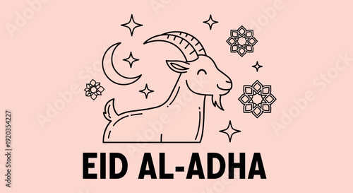 Eid al-Adha goat illustration surrounded by stars and crescent moon in a festive scene