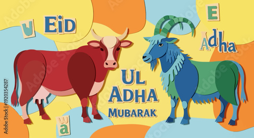 Colorful illustration of cow and goat with Eid Ul Adha Mubarak greeting on vibrant background