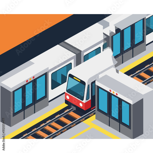 Red Train Arriving at Subway Station Platform.