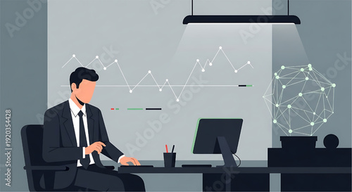 Professional businessman analyzes financial data and market trends on computer in modern office setting with network representation