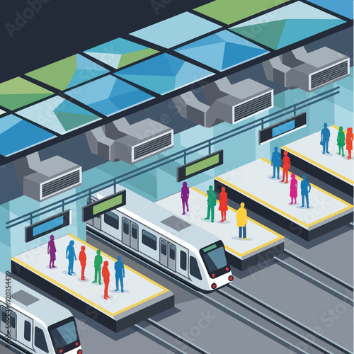 Train Station with People Waiting for Train.